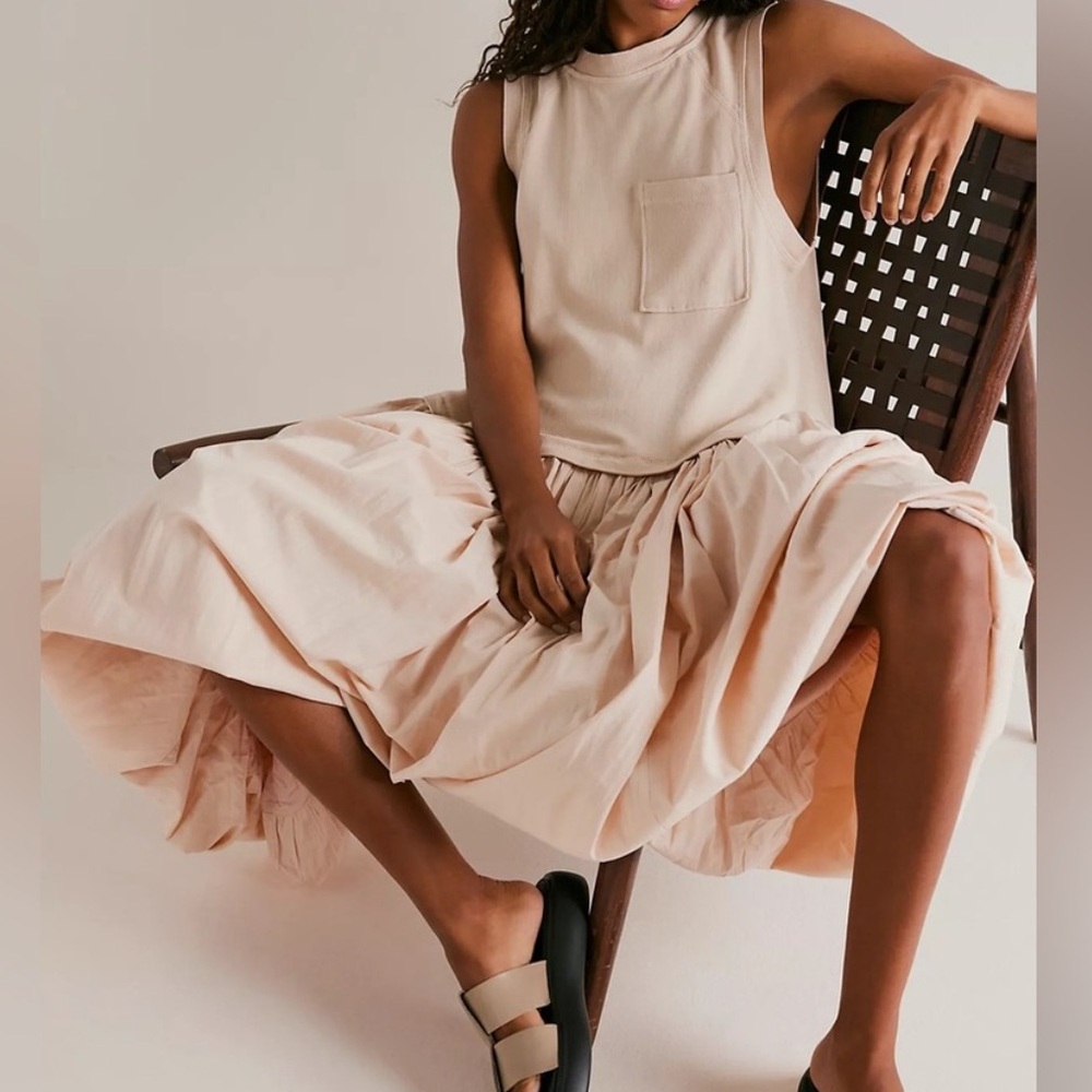 Free People Calla Lily Mixed Media Maxi Dress Pockets Drop Waist Bubble Skirt - Picture 15 of 16